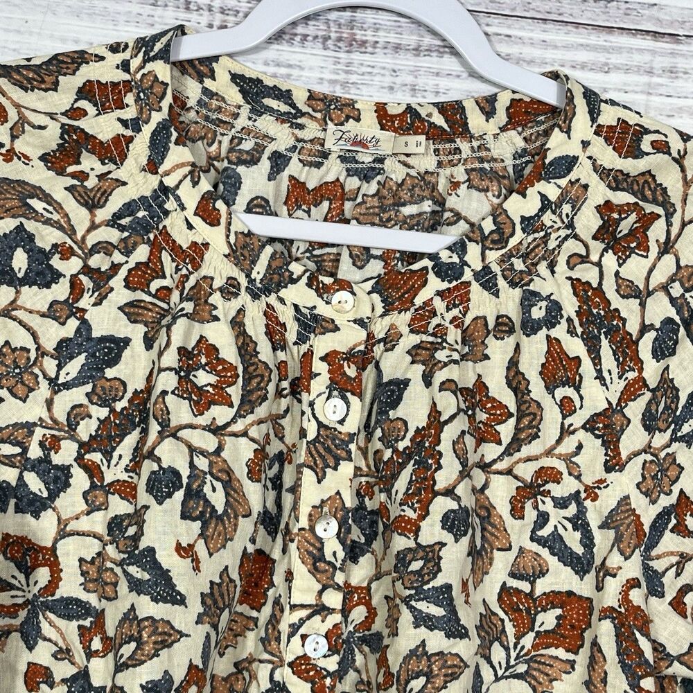 Faherty Odette Linen Top Small Floral Peasant Blouse Boho Cottagecore Button - Picture 1 of 11